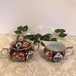 Vintage Gold Imari Japanese Porcelain Hand Painted Creamer & Sugar Bowl